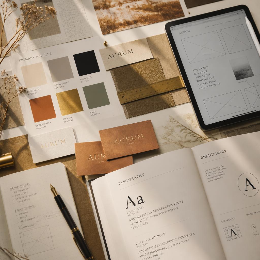 Editorial flatlay of brand process — moodboard, palette swatches, wireframes on iPad, copper foil cards and brand guidelines book